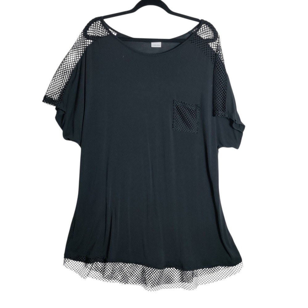 Lascana Womens Black Fishnet Mesh Trim Short‎ Sleeve Pocket Top Size 16/18